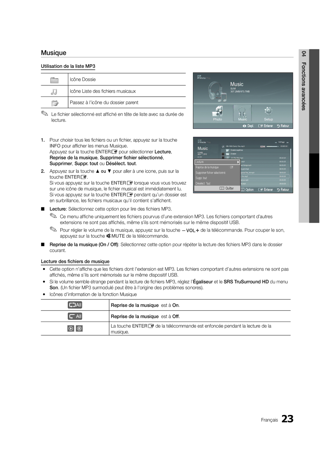 Samsung LC350-ZC, BN68-02582B-05 user manual Musique, Suppr. tout 