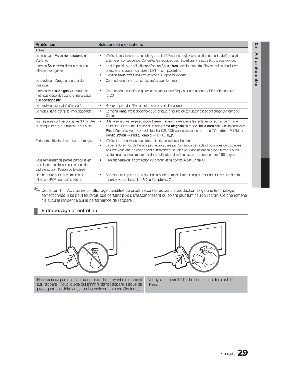 Samsung LC350-ZC, BN68-02582B-05 user manual Entreposage et entretien 