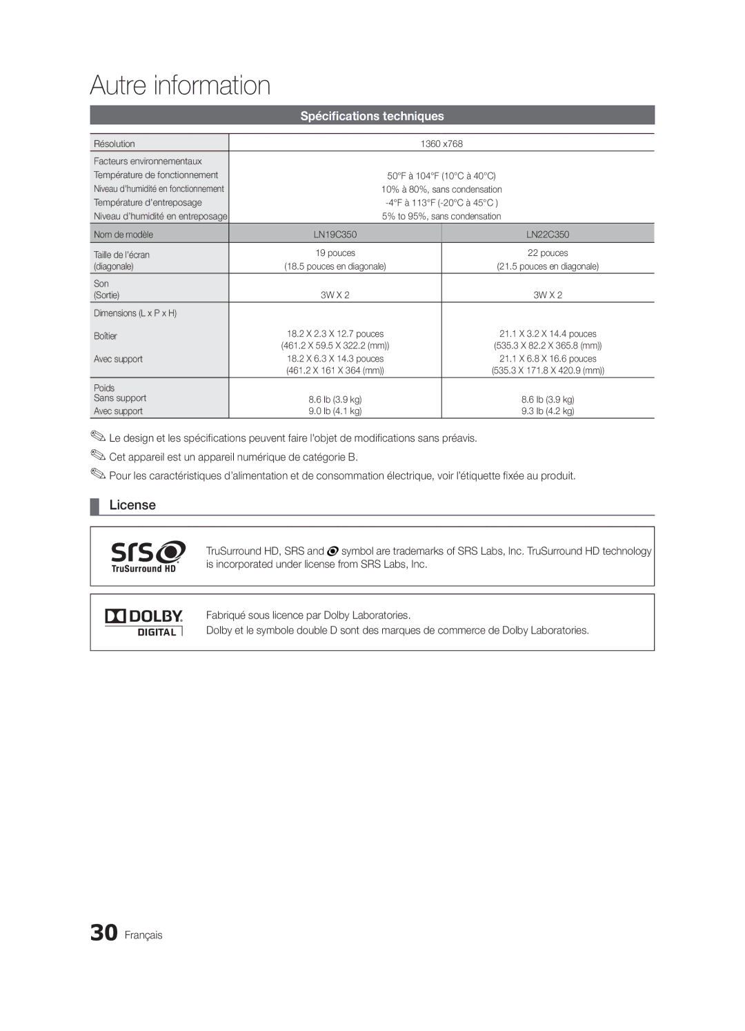 Samsung BN68-02582B-05, LC350-ZC user manual Spécifications techniques 