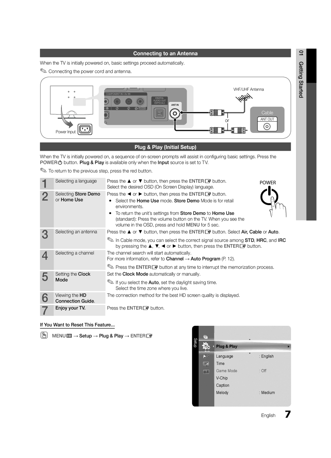 Samsung LC350-ZC, BN68-02582B-05 user manual Connecting to an Antenna, Plug & Play Initial Setup, Or Home Use 