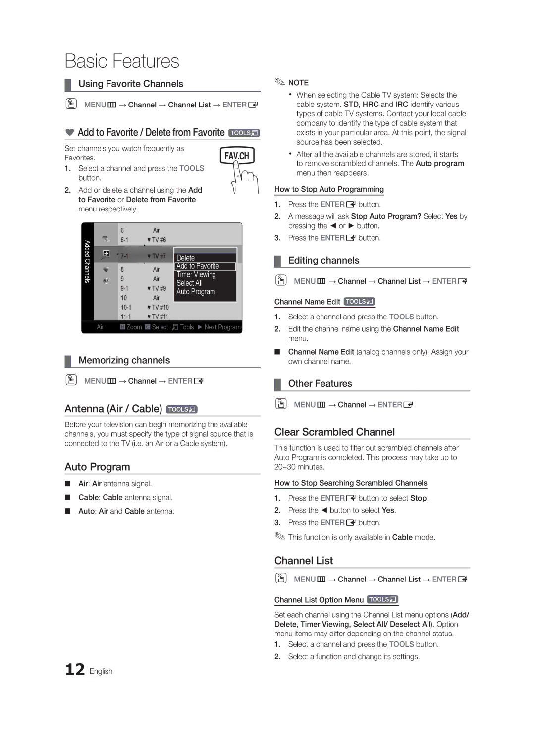 Samsung BN68-02583B-04, LC450-ZC user manual Add to Favorite / Delete from Favorite t, Antenna Air / Cable t, Auto Program 