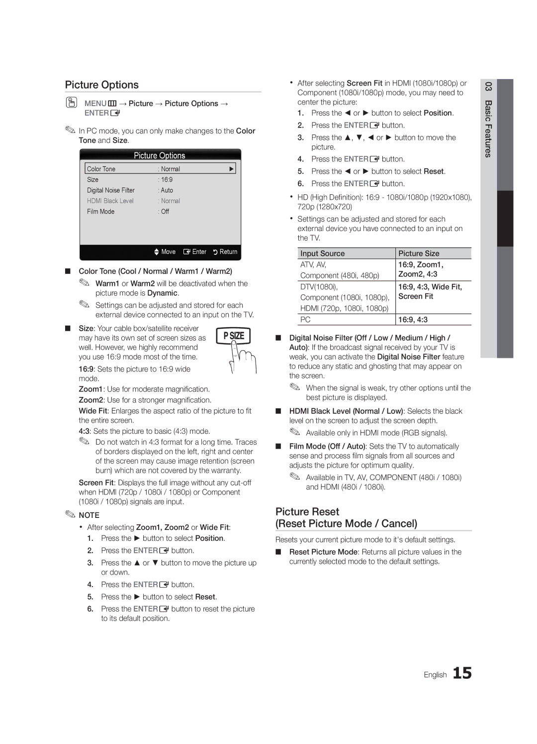 Samsung LC450-ZC, BN68-02583B-04 user manual Picture Options, Picture Reset Reset Picture Mode / Cancel 