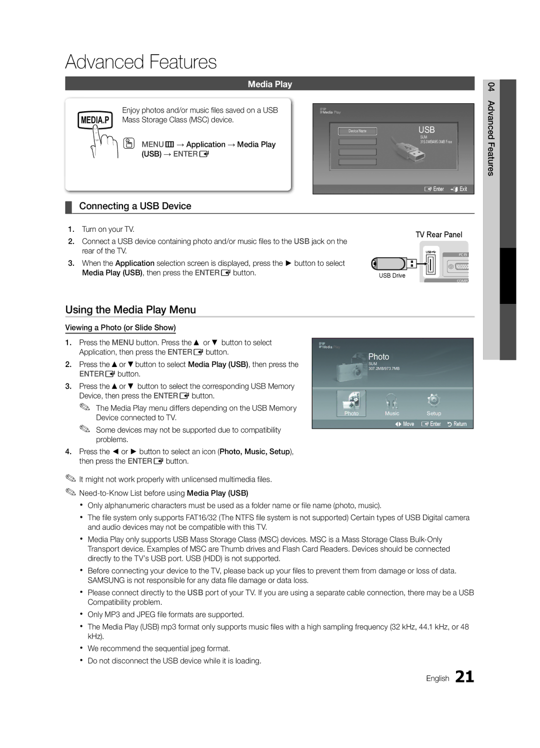 Samsung LC450-ZC, BN68-02583B-04 user manual Advanced Features, Using the Media Play Menu, Connecting a USB Device 