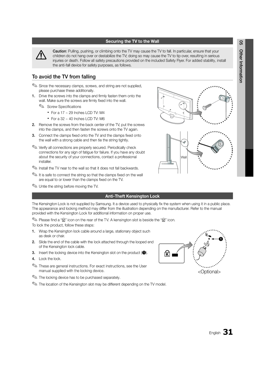 Samsung LC450-ZC, BN68-02583B-04 To avoid the TV from falling, Securing the TV to the Wall, Anti-Theft Kensington Lock 