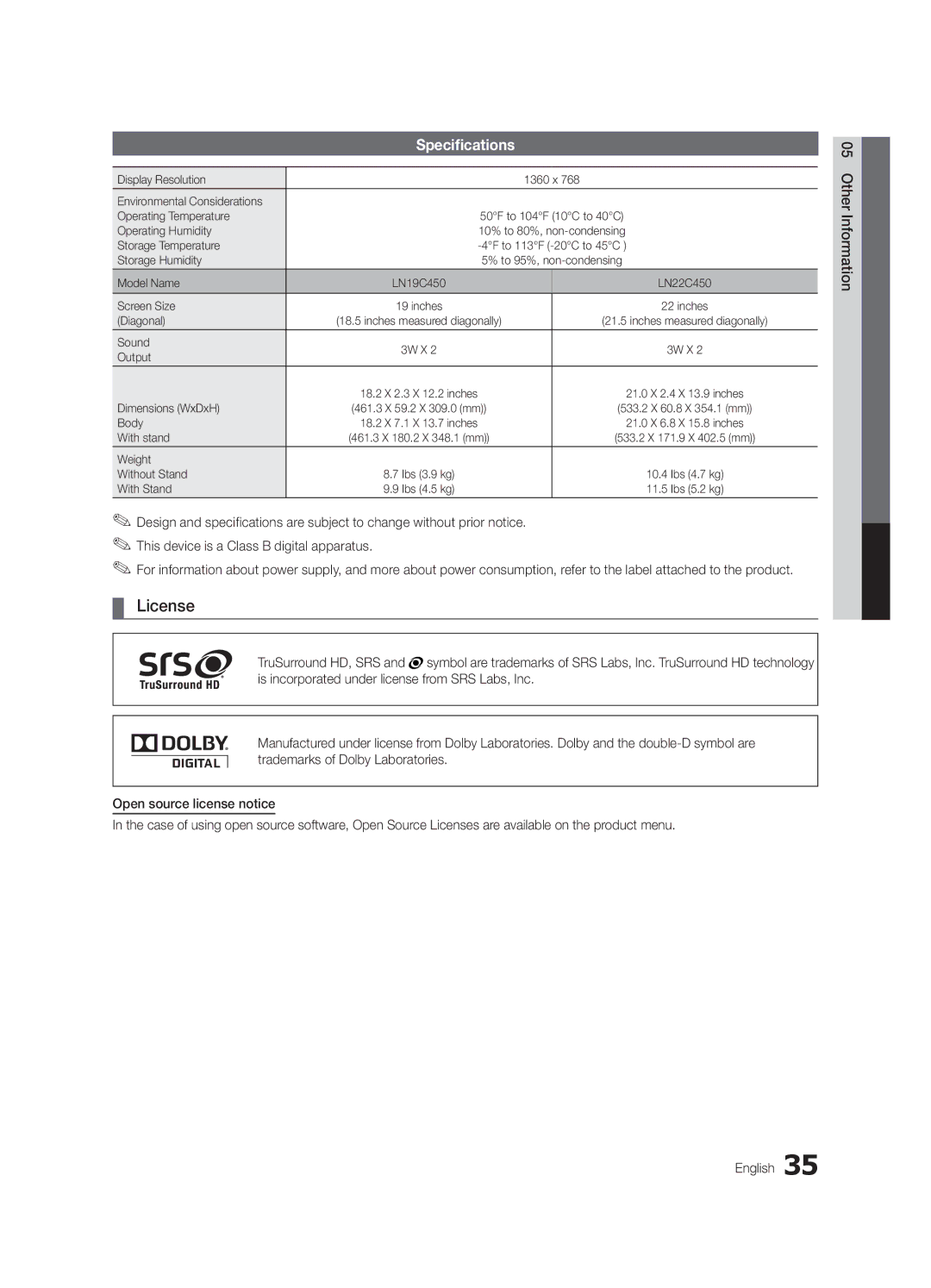 Samsung LC450-ZC, BN68-02583B-04 user manual License, Specifications 