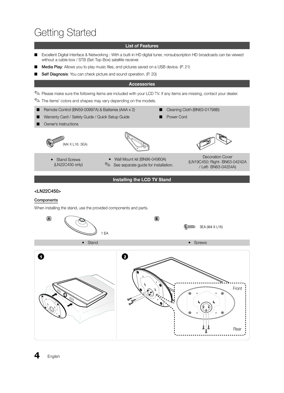 Samsung BN68-02583B-04, LC450-ZC user manual Getting Started, List of Features, Accessories, Installing the LCD TV Stand 