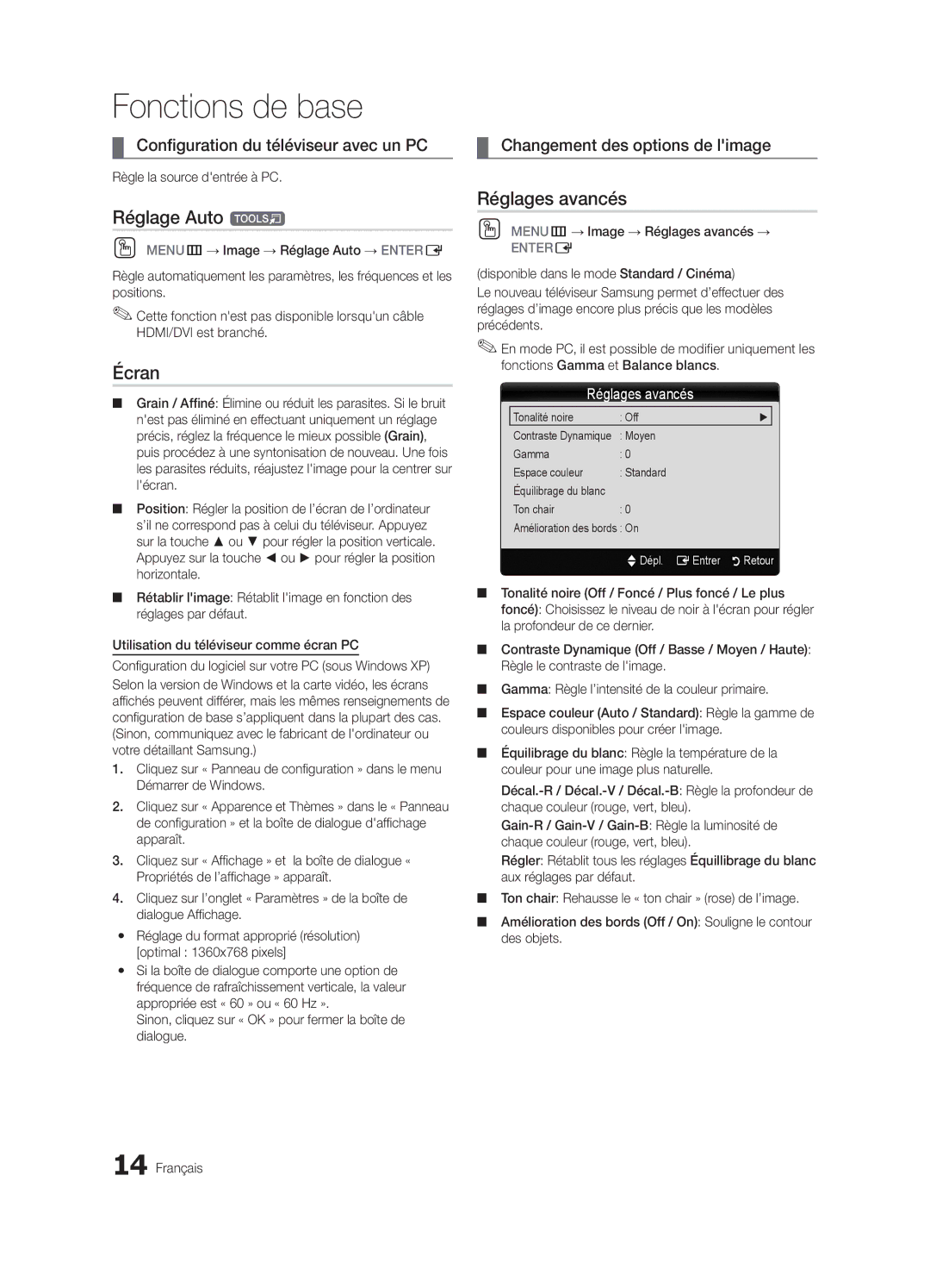 Samsung LC450-ZC, BN68-02583B-04 user manual Réglage Auto t, Écran, Réglages avancés, Configuration du téléviseur avec un PC 