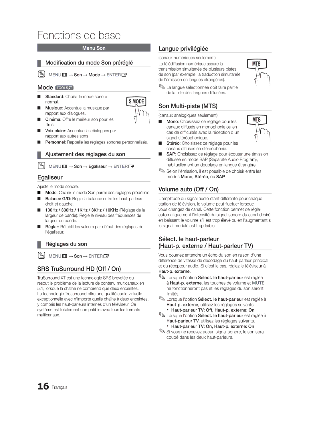 Samsung LC450-ZC, BN68-02583B-04 user manual Egaliseur, Langue privilégiée, Son Multi-piste MTS, Volume auto Off / On 