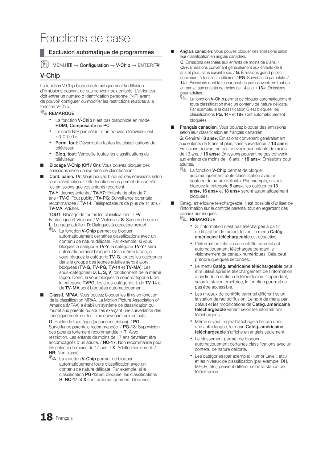 Samsung LC450-ZC, BN68-02583B-04 user manual Exclusion automatique de programmes, OO MENUm→ Configuration → V-Chip → Entere 