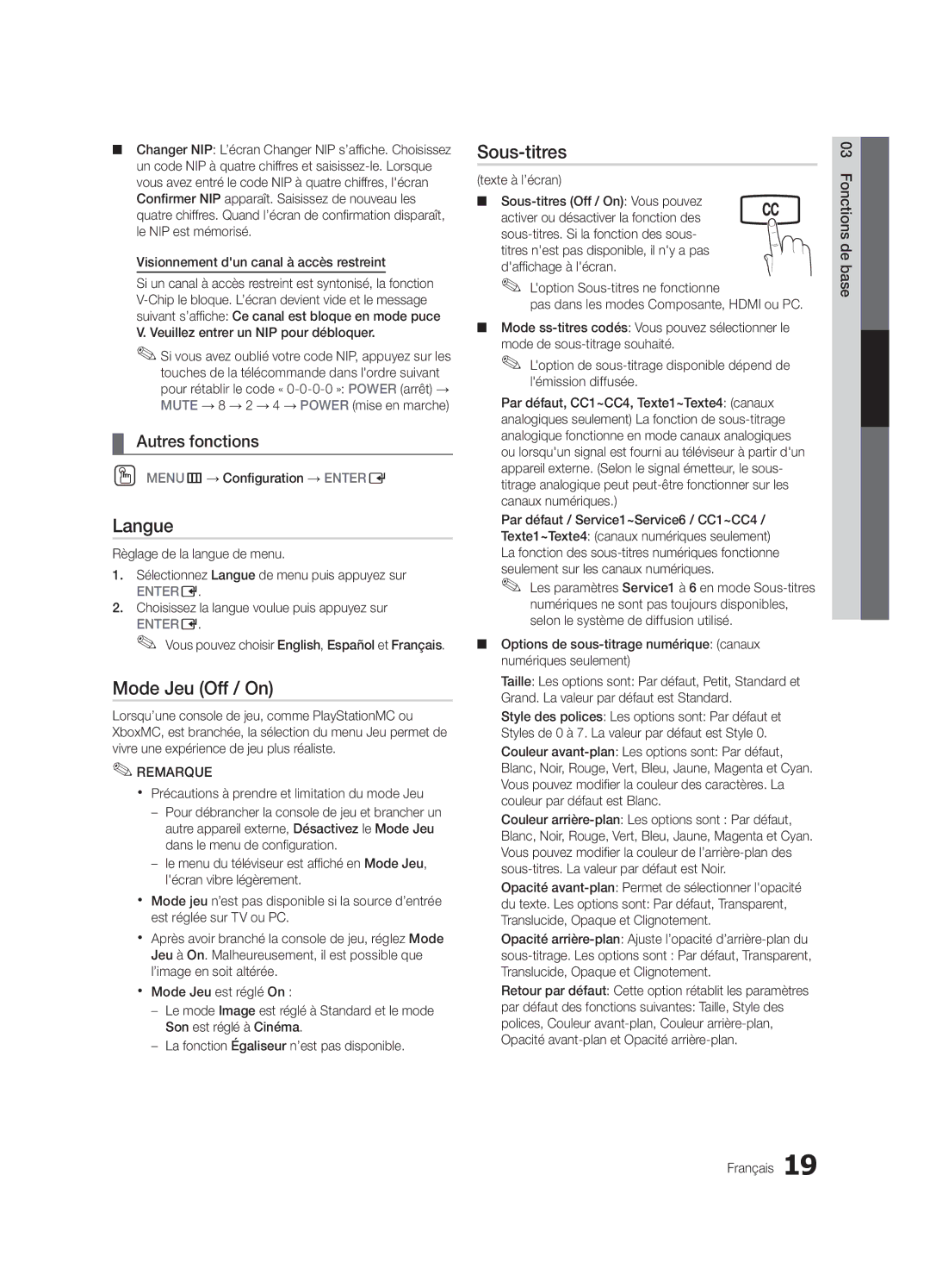 Samsung BN68-02583B-04, LC450-ZC user manual Langue, Mode Jeu Off / On, Sous-titres 