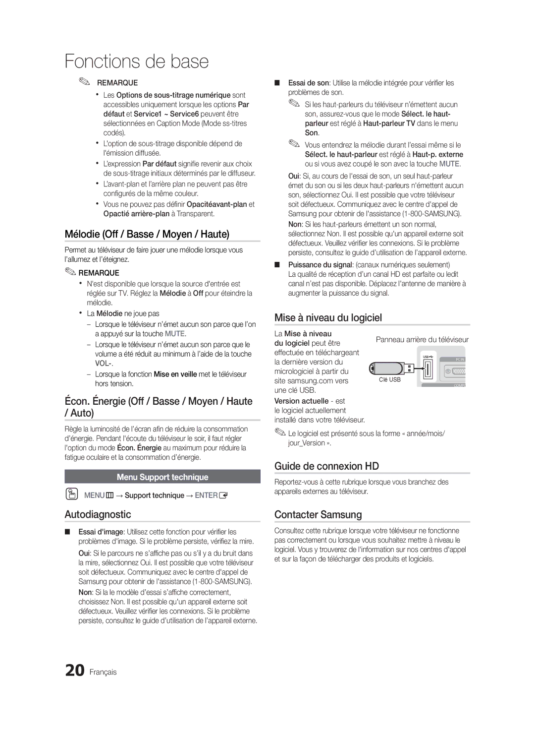 Samsung LC450-ZC Mélodie Off / Basse / Moyen / Haute, Mise à niveau du logiciel, Autodiagnostic, Guide de connexion HD 