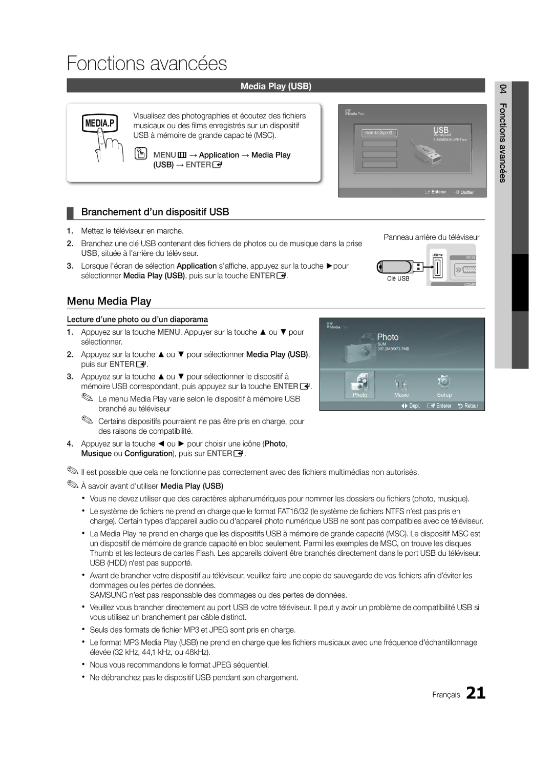 Samsung BN68-02583B-04, LC450-ZC Fonctions avancées, Menu Media Play, Branchement d’un dispositif USB, Media Play USB 