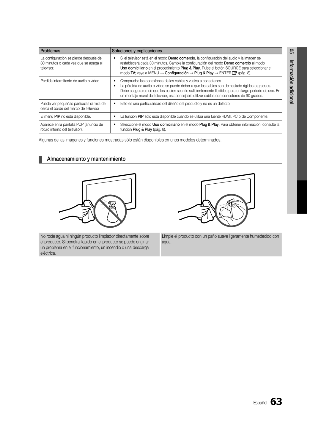 Samsung BN68-02585A-07, PC7000-NA Almacenamiento y mantenimiento, Rótulo interno del televisor Función Plug & Play pág 