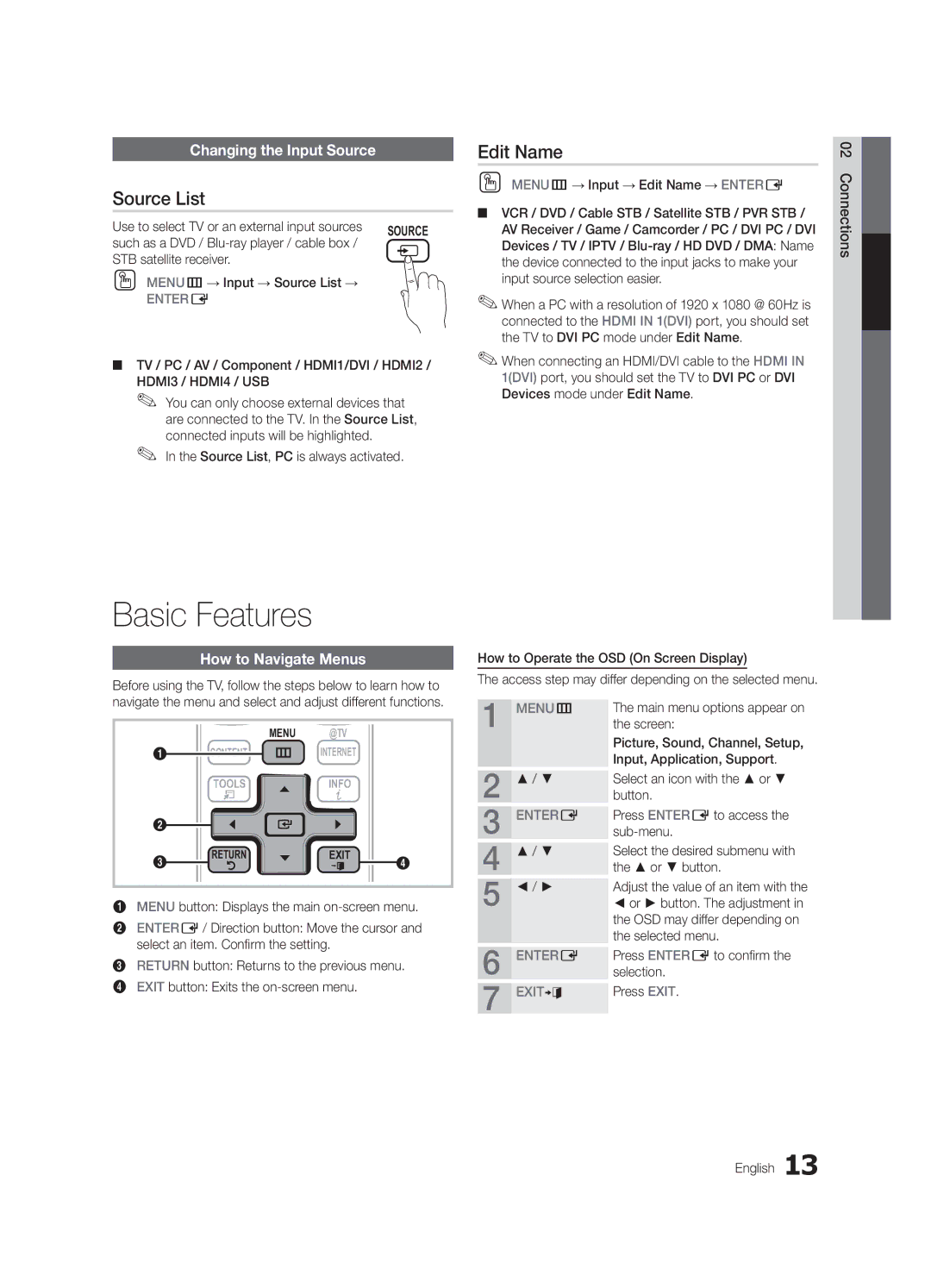 Samsung PC7000-NA, BN68-02585A-07 Basic Features, Source List, Edit Name, Changing the Input Source, How to Navigate Menus 