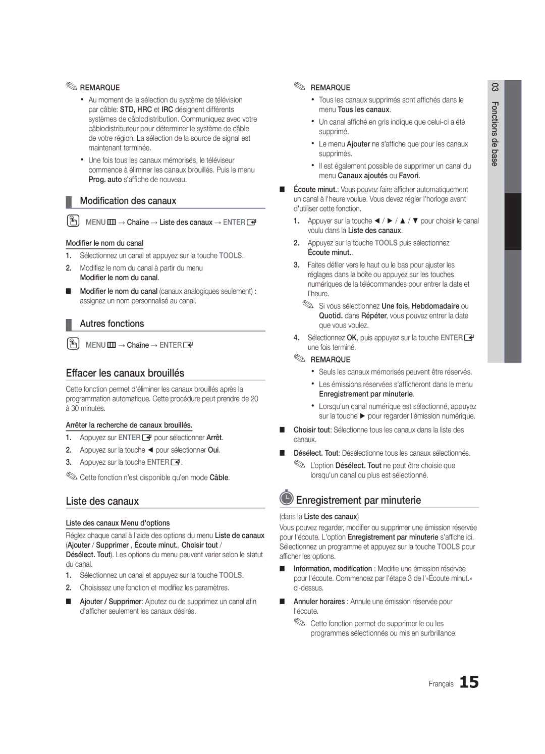 Samsung BN68-02585A-07, PC7000-NA Effacer les canaux brouillés, Enregistrement par minuterie, Modification des canaux 