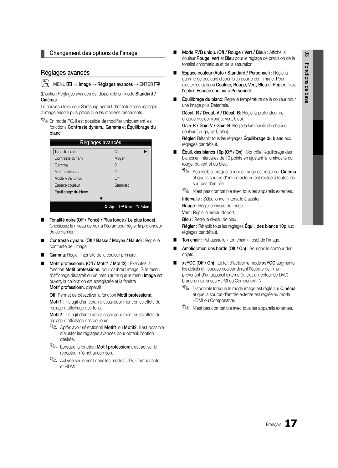 Samsung Series P7+ 7000, BN68-02585A-07 Réglages avancés, Changement des options de limage, Motif professionn. disparaît 