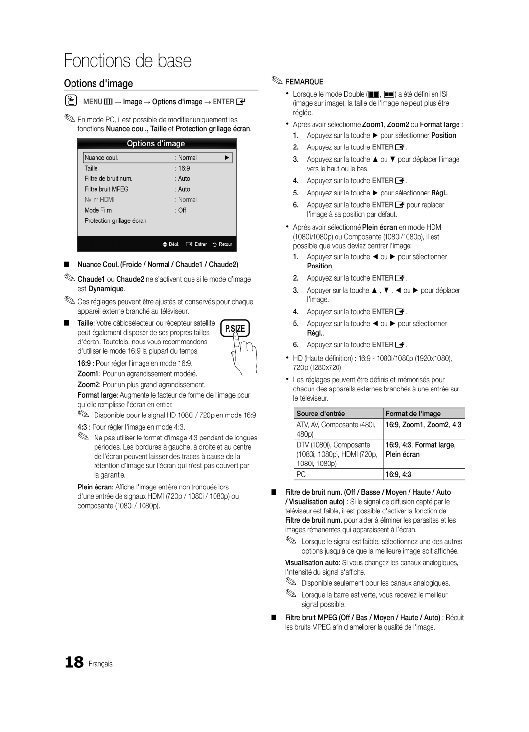 Samsung BN68-02585A-07, PC7000-NA, Series P7+ 7000 OO MENUm→ Image → Options dimage → Entere, 480p, Plein écran 