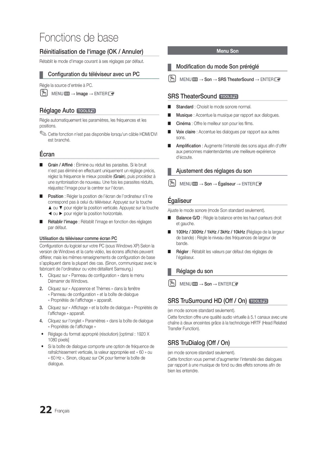 Samsung PC7000-NA, BN68-02585A-07 user manual Réinitialisation de limage OK / Annuler, Réglage Auto t, Écran, Égaliseur 