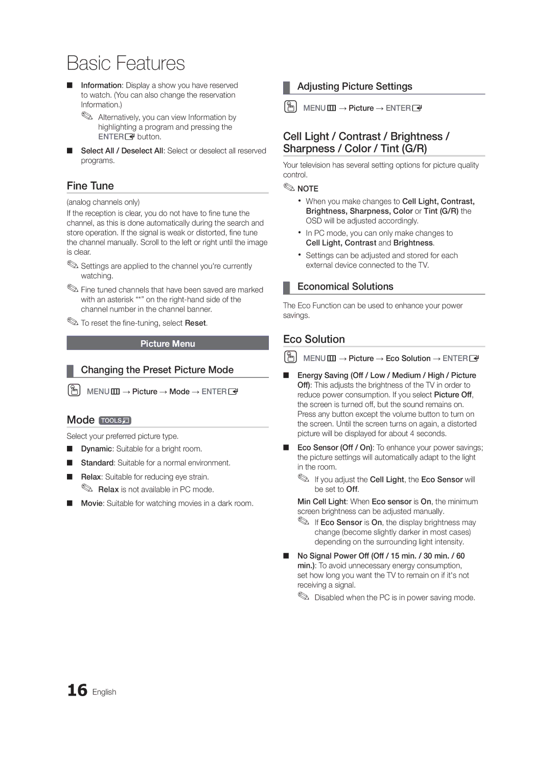 Samsung PC7000-NA, BN68-02585A-07, Series P7+ 7000 user manual Fine Tune, Mode t, Eco Solution 