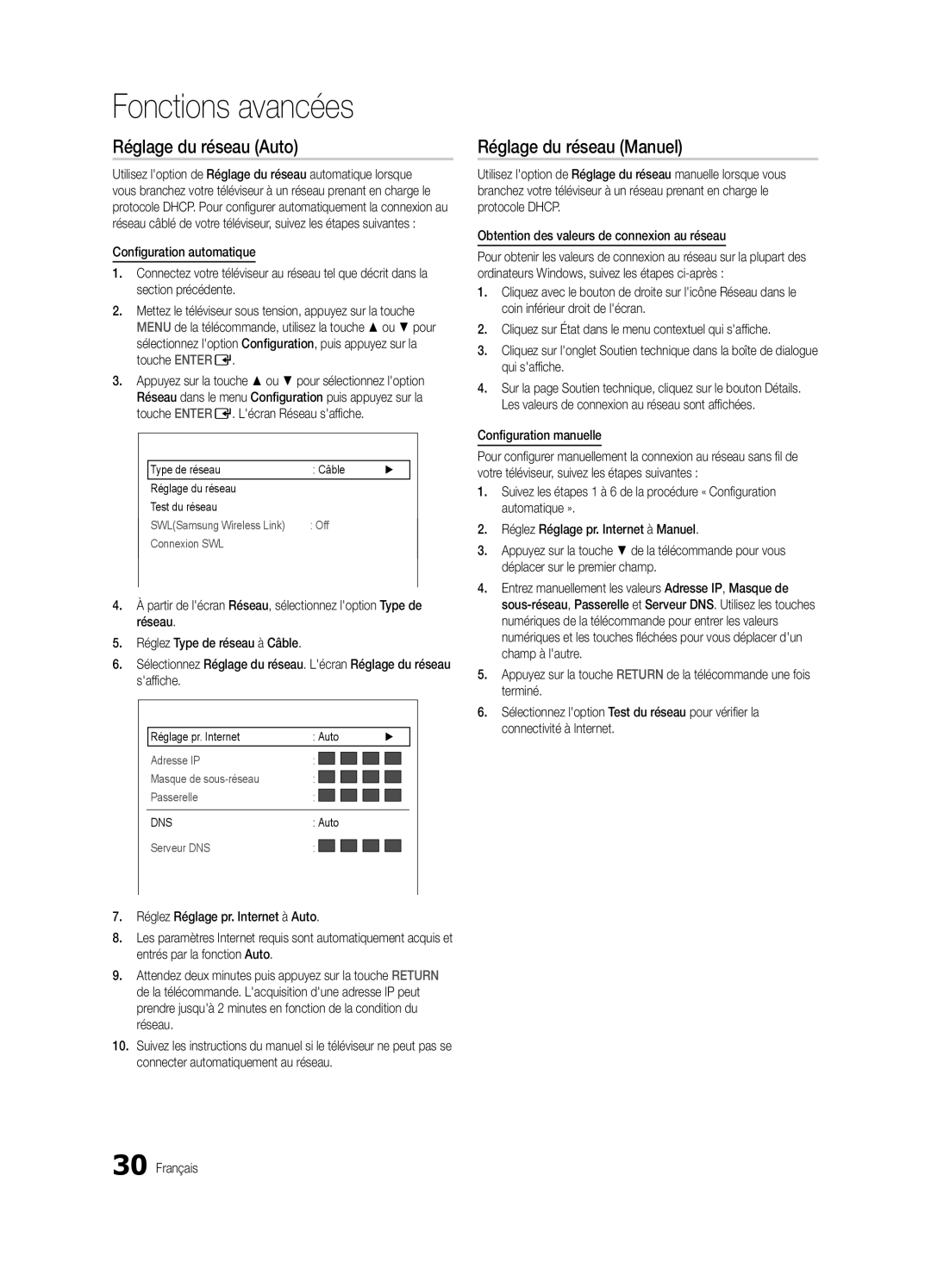 Samsung BN68-02585A-07, PC7000-NA, Series P7+ 7000 user manual Réglage du réseau Auto, Réglage du réseau Manuel, Réseau 