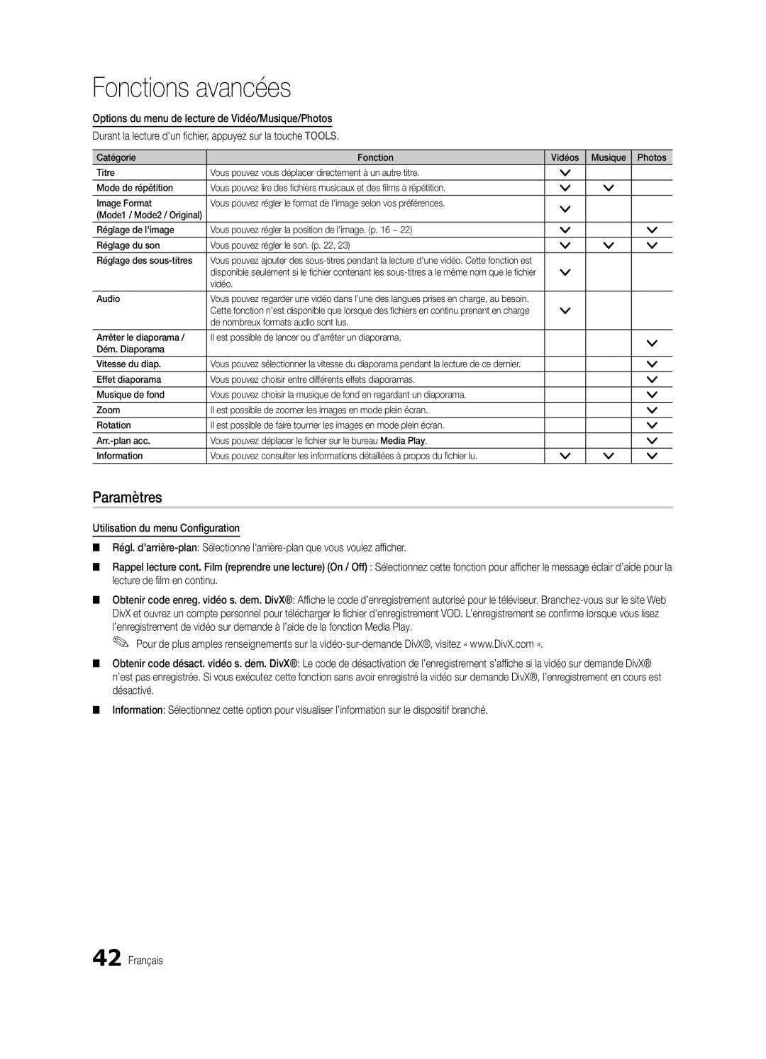 Samsung BN68-02585A-07, PC7000-NA, Series P7+ 7000 user manual Paramètres, Lecture de film en continu, Désactivé, Vidéo Audio 