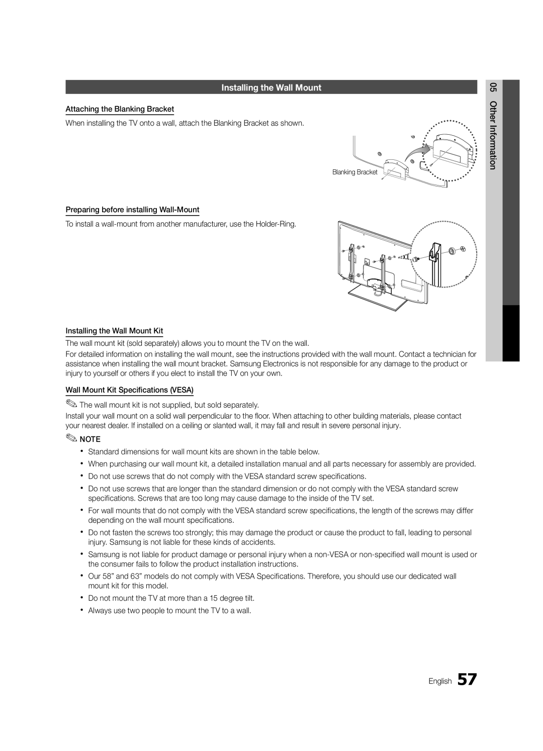 Samsung BN68-02585A-07, PC7000-NA, Series P7+ 7000 Installing the Wall Mount, Other Information English, Blanking Bracket 