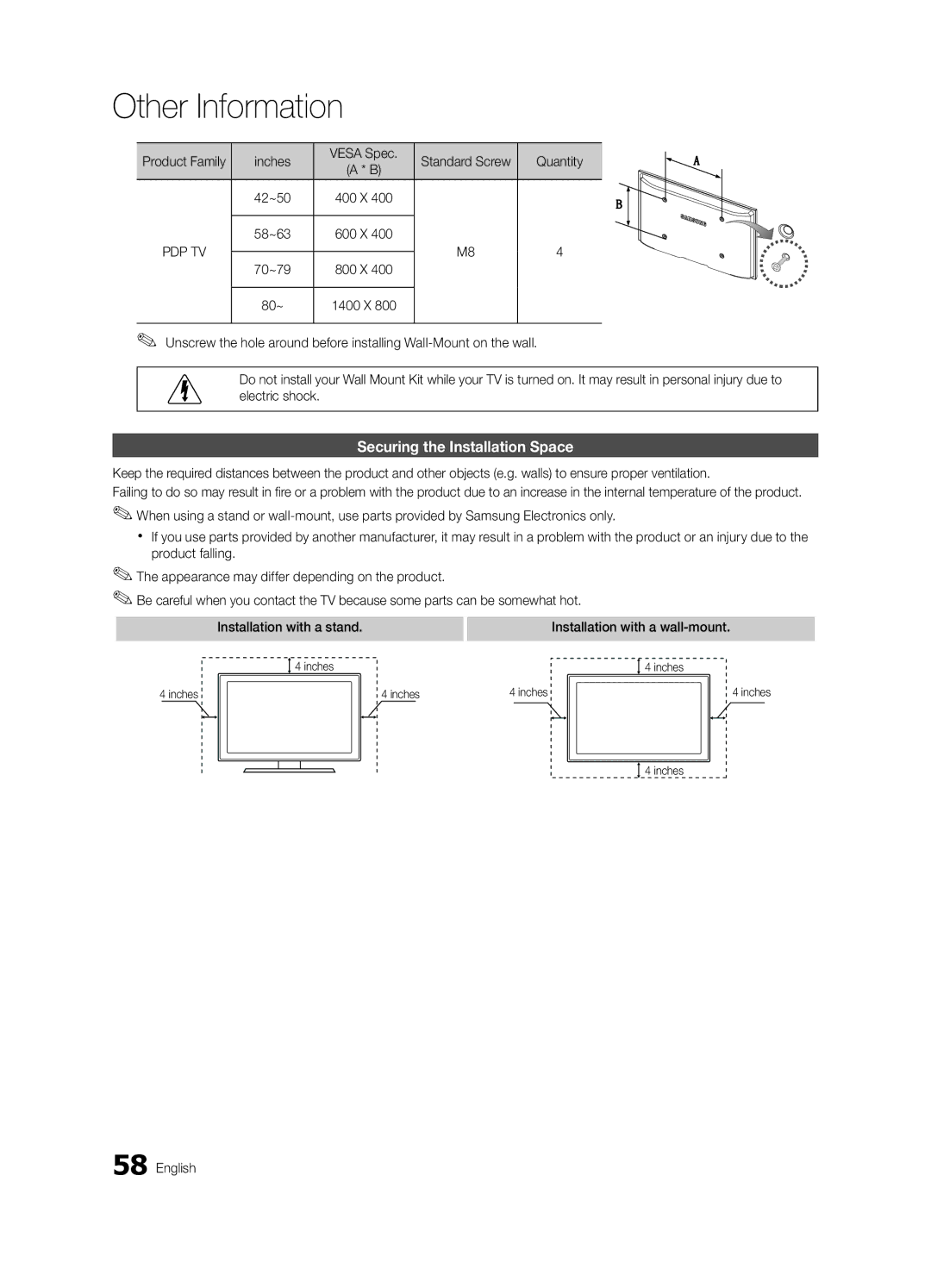 Samsung PC7000-NA, BN68-02585A-07 user manual Securing the Installation Space, Product Family Inches Vesa Spec, Quantity 