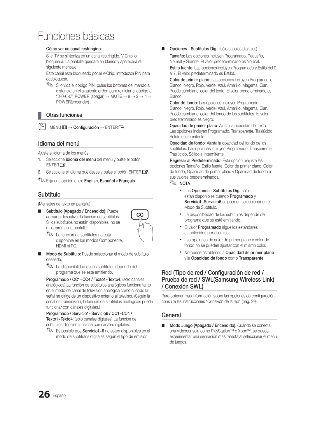 Samsung Series P7+ 7000, BN68-02585A-07, PC7000-NA user manual Idioma del menú, Subtítulo, OO MENUm→ Configuración → Entere 