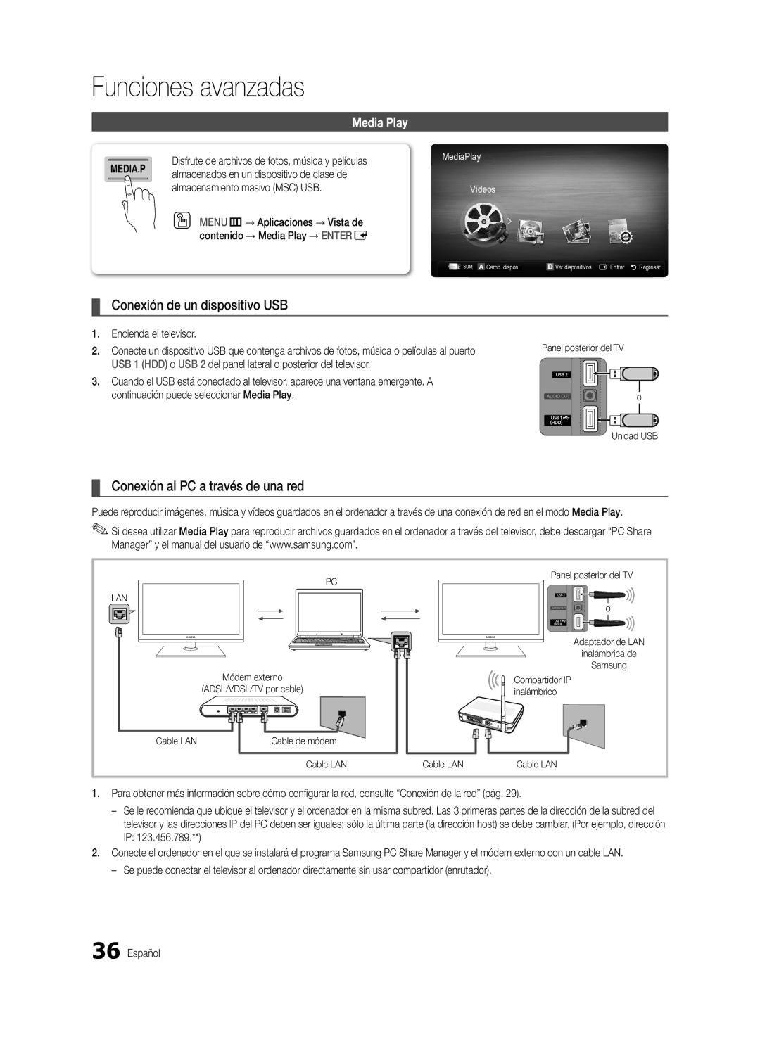 Samsung PN58C8000 Conexión de un dispositivo USB, Conexión al PC a través de una red, Media Play, Encienda el televisor 