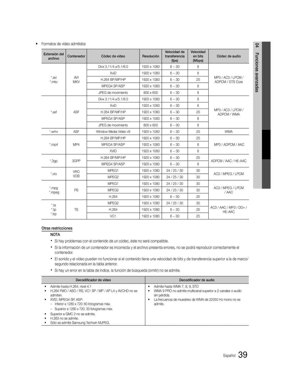 Samsung BN68-02586A-04 Yy Formatos de vídeo admitidos, Extensión del Velocidad de, 264 1920 x, Admiten Sin pérdida 