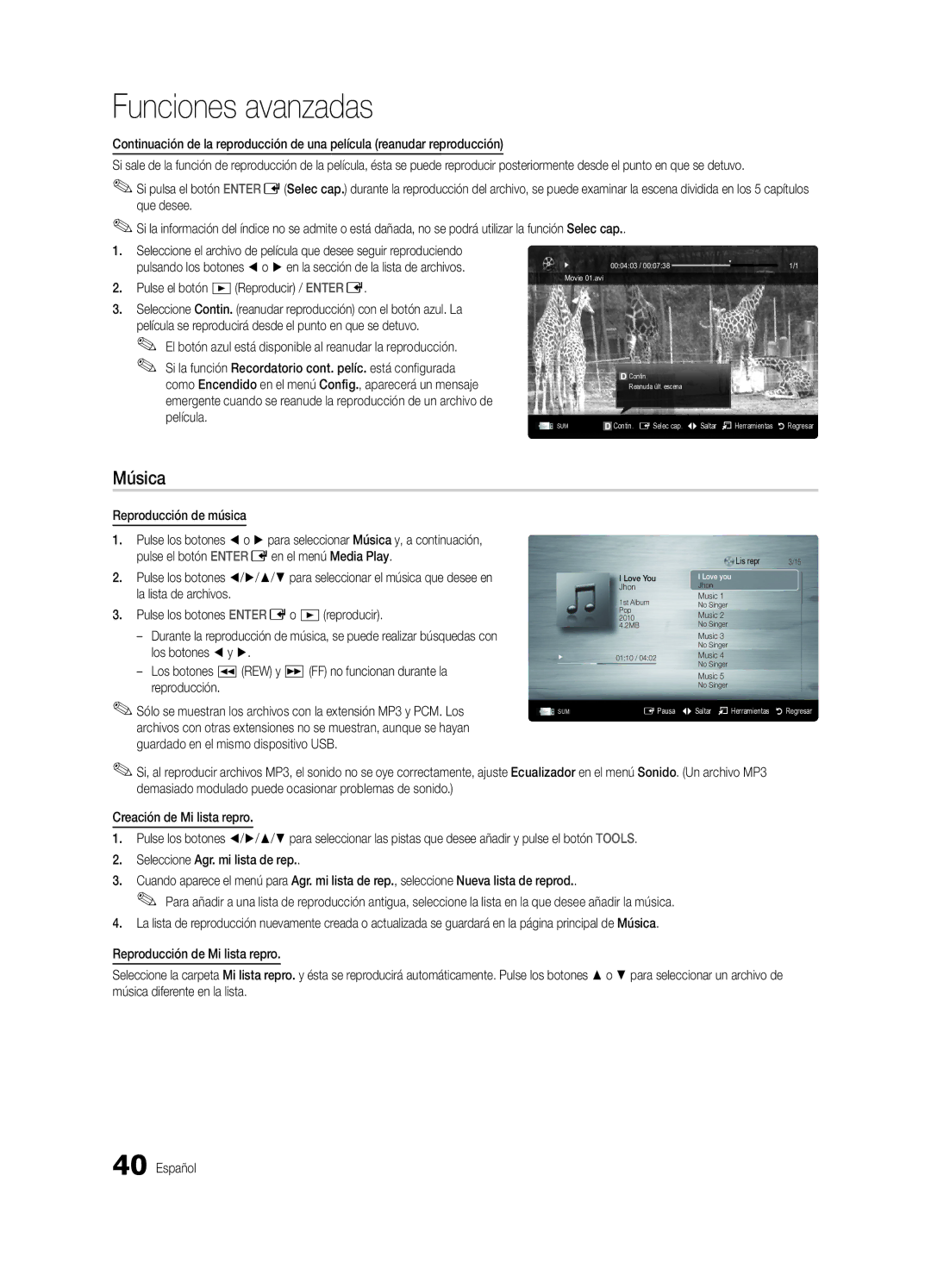 Samsung PN63C8000, BN68-02586A-04, PN58C8000, PN50C8000, Series P8+ user manual Música, Reproducción de música 