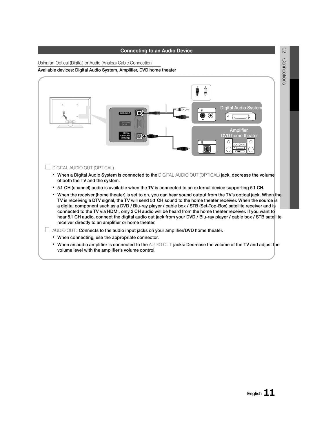 Samsung PN63C8000, BN68-02586A-04, PN58C8000, PN50C8000, Series P8+ Connecting to an Audio Device, Digital Audio OUT Optical 