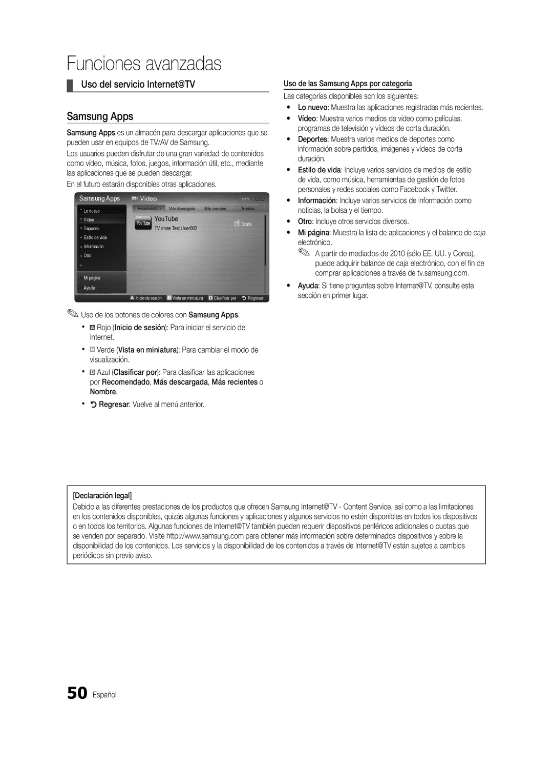 Samsung PN63C8000, BN68-02586A-04 Uso del servicio Internet@TV, En el futuro estarán disponibles otras aplicaciones 