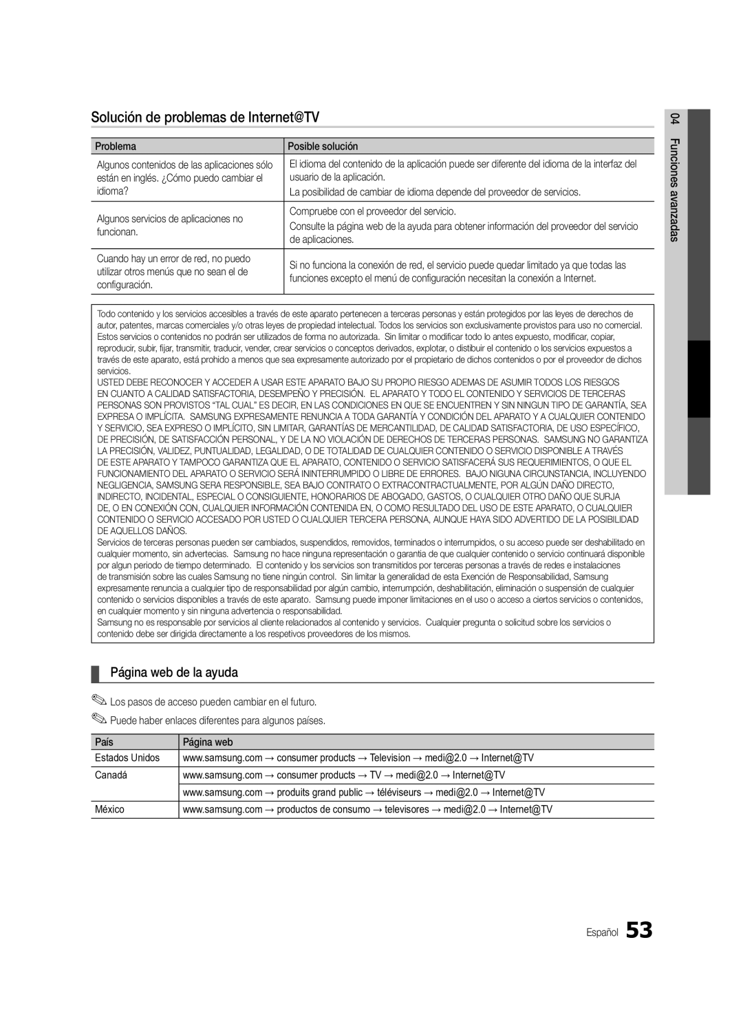 Samsung Series P8+, BN68-02586A-04, PN63C8000, PN58C8000 Solución de problemas de Internet@TV, Página web de la ayuda 