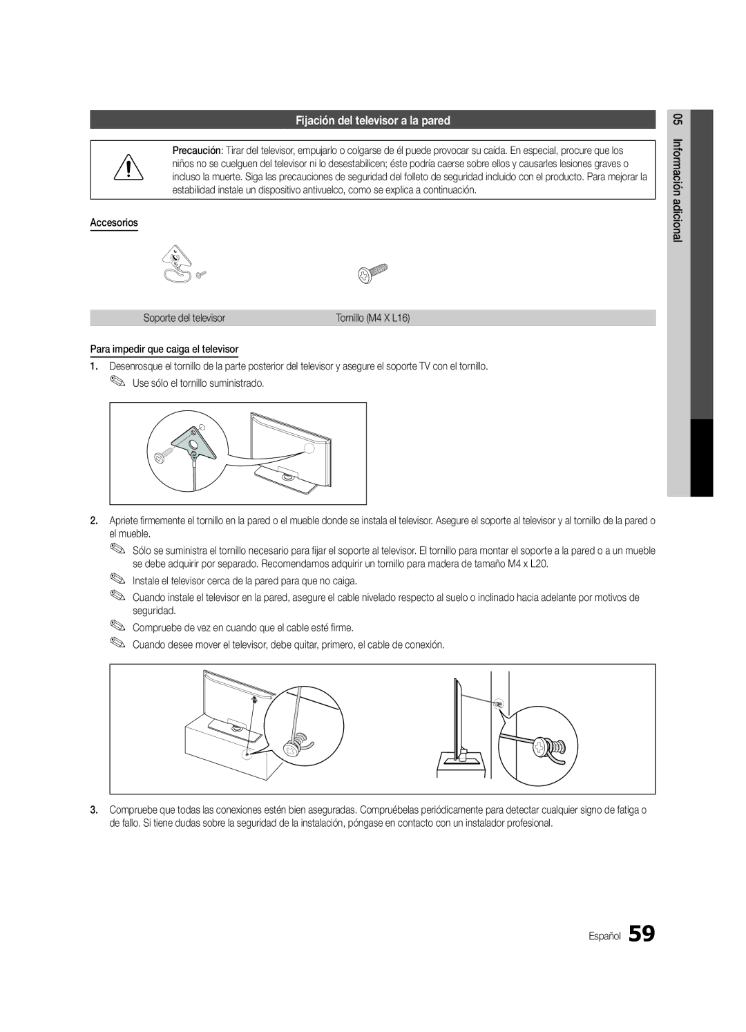 Samsung BN68-02586A-04, PN63C8000 Fijación del televisor a la pared, Accesorios, Soporte del televisor, El mueble 