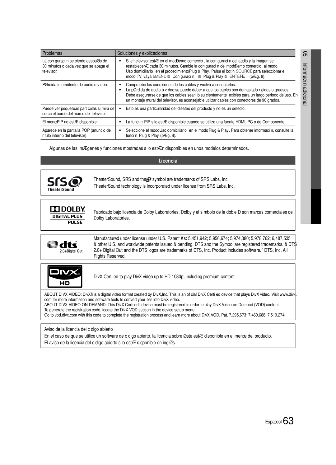 Samsung Series P8+, BN68-02586A-04, PN63C8000, PN58C8000 Licencia, Rótulo interno del televisor Función Plug & Play pág 