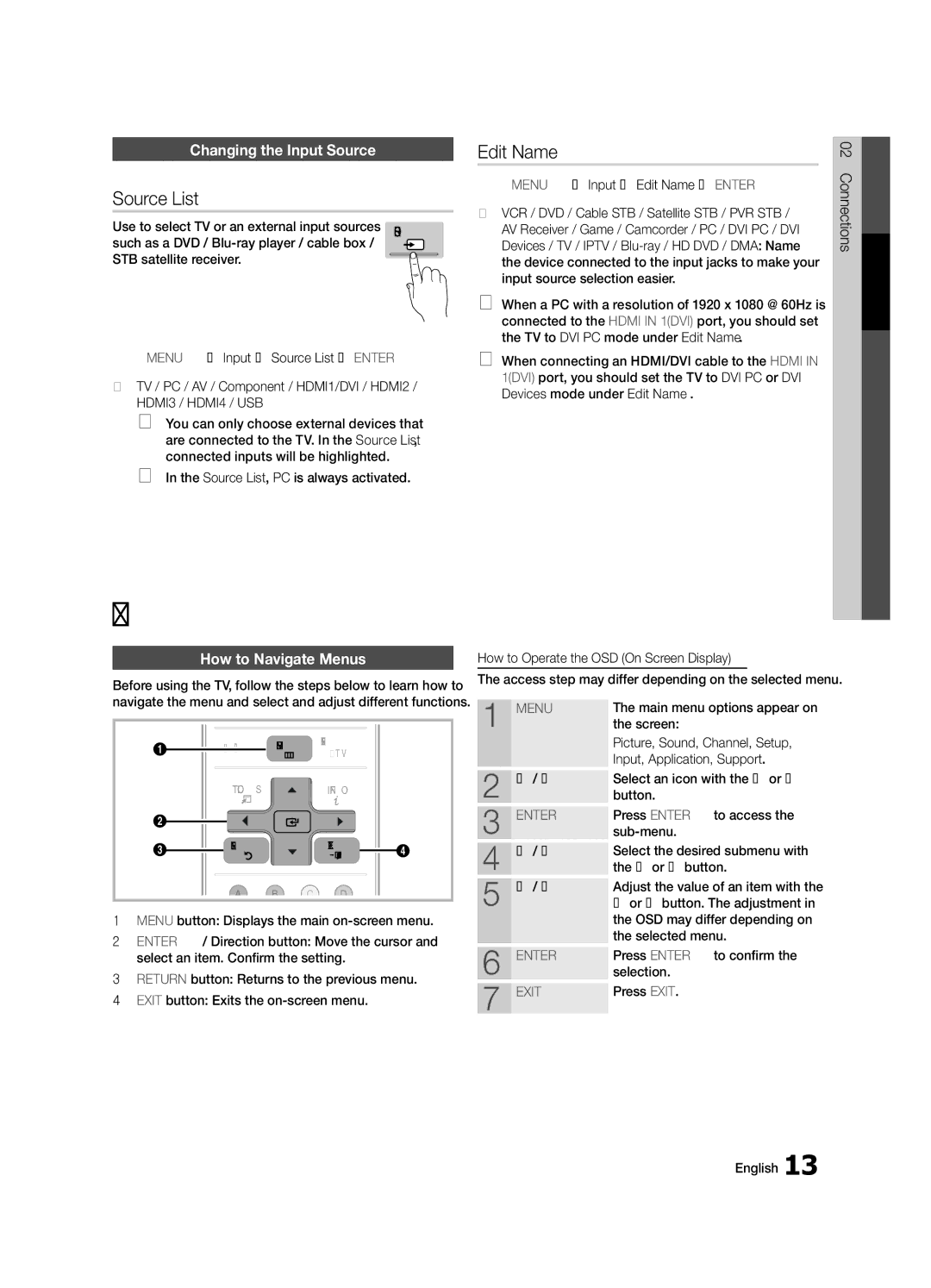 Samsung PN50C8000, BN68-02586A-04 Basic Features, Source List, Edit Name, Changing the Input Source, How to Navigate Menus 