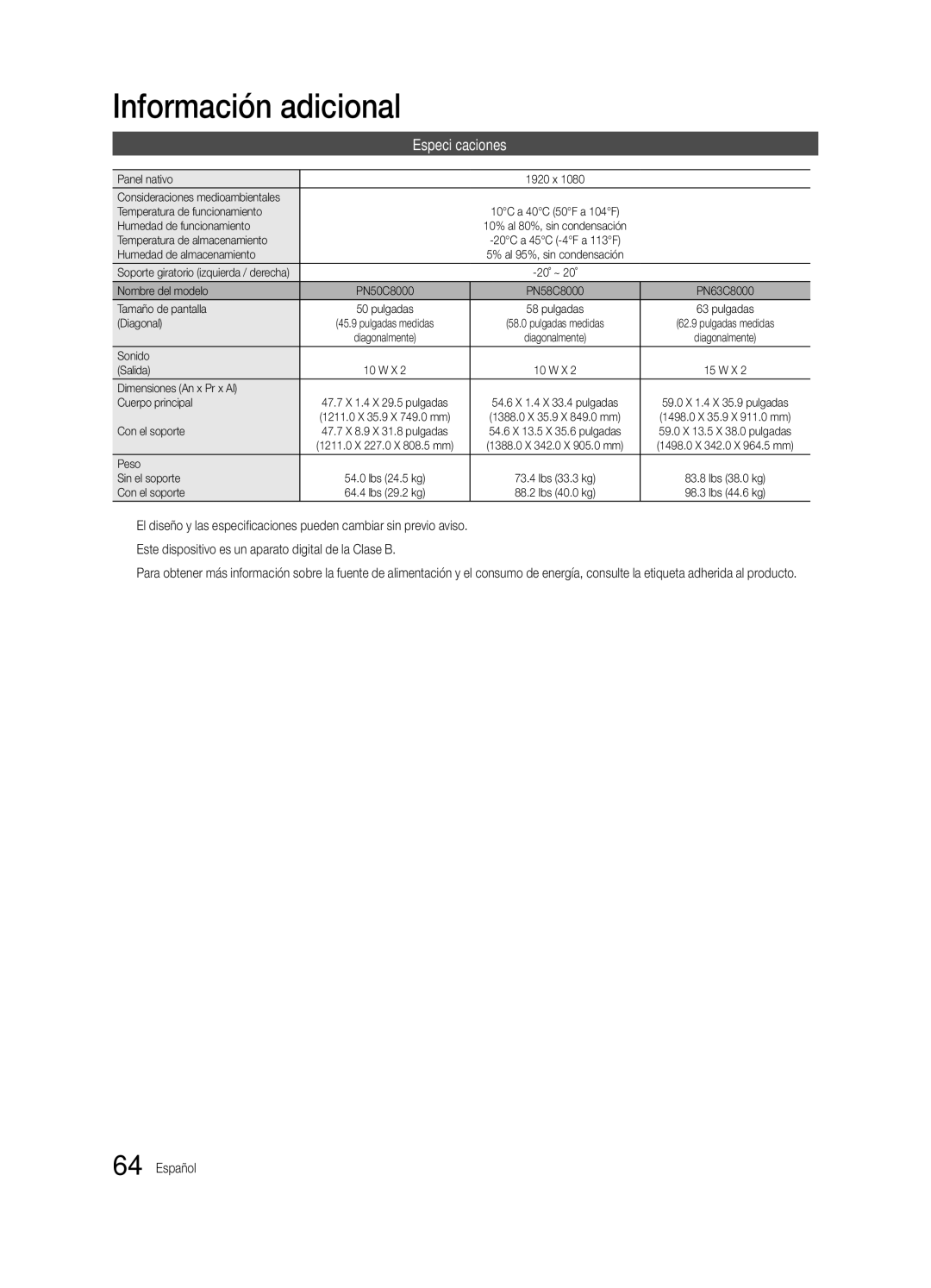 Samsung BN68-02586A-04, PN63C8000, PN58C8000, PN50C8000, Series P8+ user manual Especificaciones 