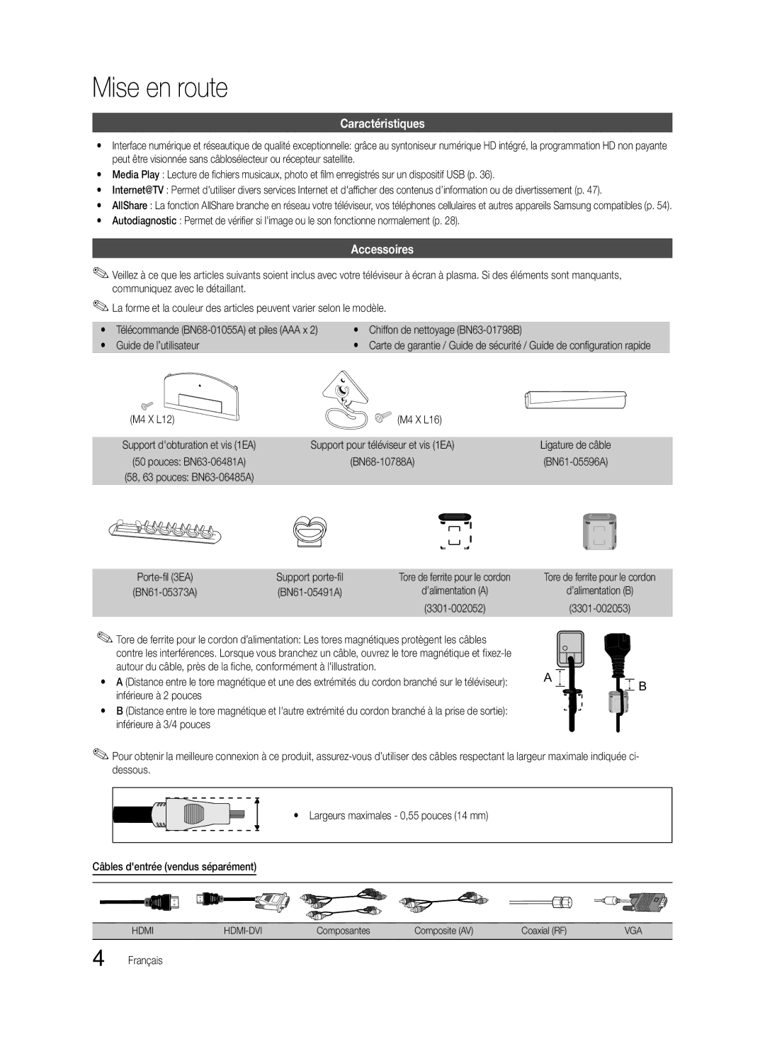 Samsung PN63C8000, BN68-02586A-04, PN58C8000, PN50C8000, Series P8+ user manual Mise en route, Caractéristiques, Accessoires 