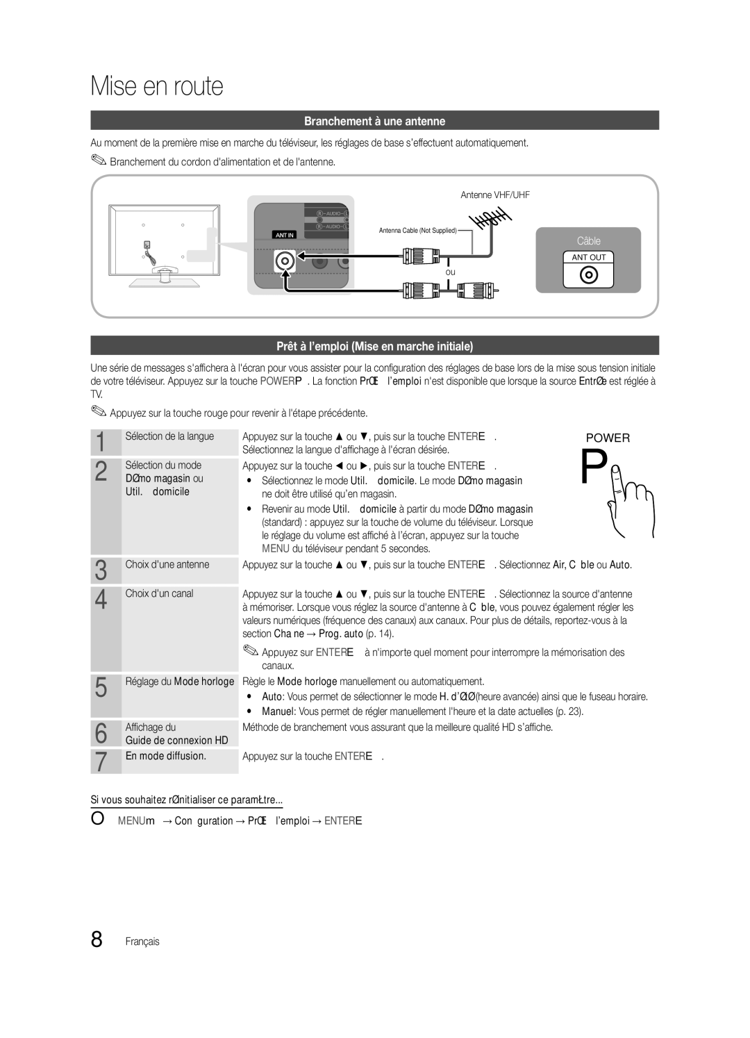 Samsung BN68-02586A-04, PN63C8000 Branchement à une antenne, Prêt à l’emploi Mise en marche initiale, Antenne VHF/UHF 