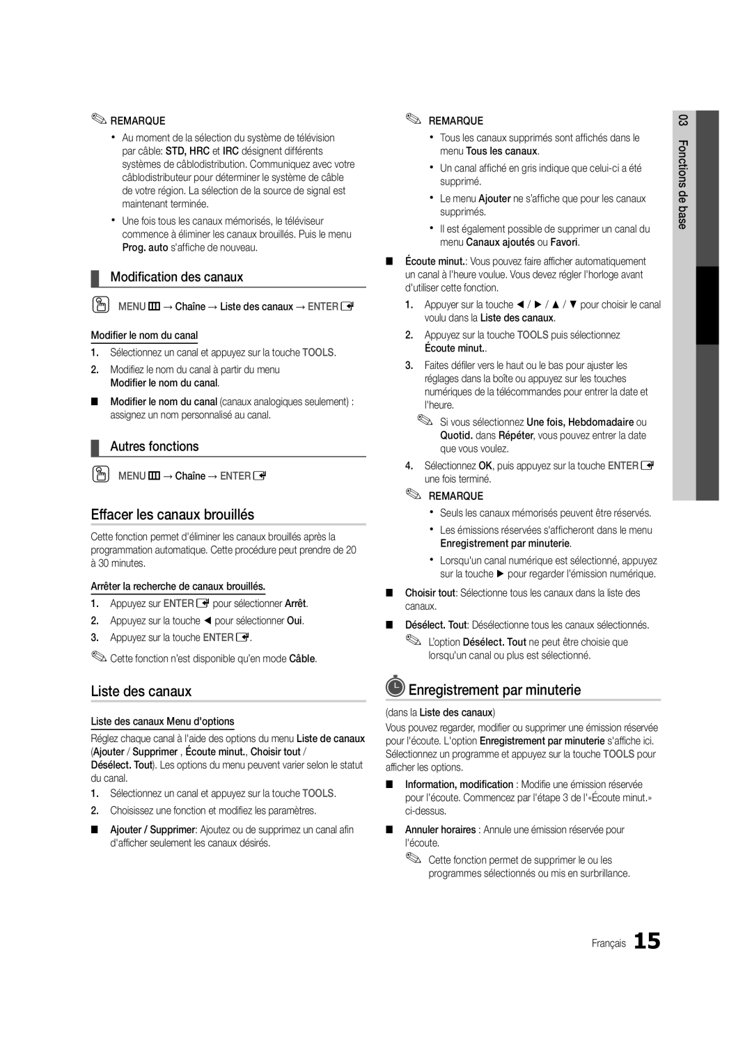 Samsung PN58C8000 Effacer les canaux brouillés, Enregistrement par minuterie, Modification des canaux, Autres fonctions 