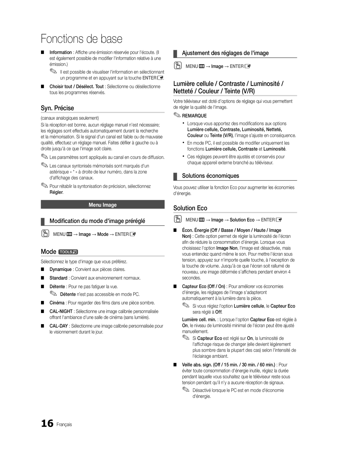 Samsung PN50C8000, BN68-02586A-04 Syn. Précise, Solution Eco, Ajustement des réglages de limage, Solutions économiques 