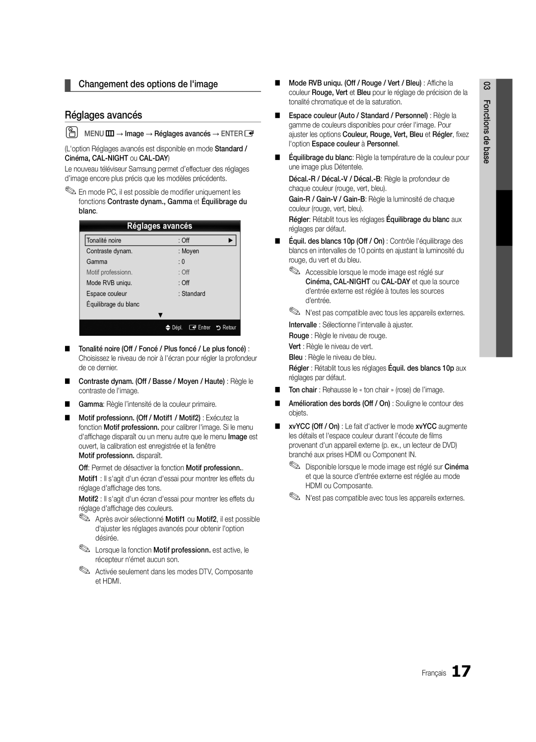 Samsung Series P8+, BN68-02586A-04 Réglages avancés, Changement des options de limage, Motif professionn. disparaît 