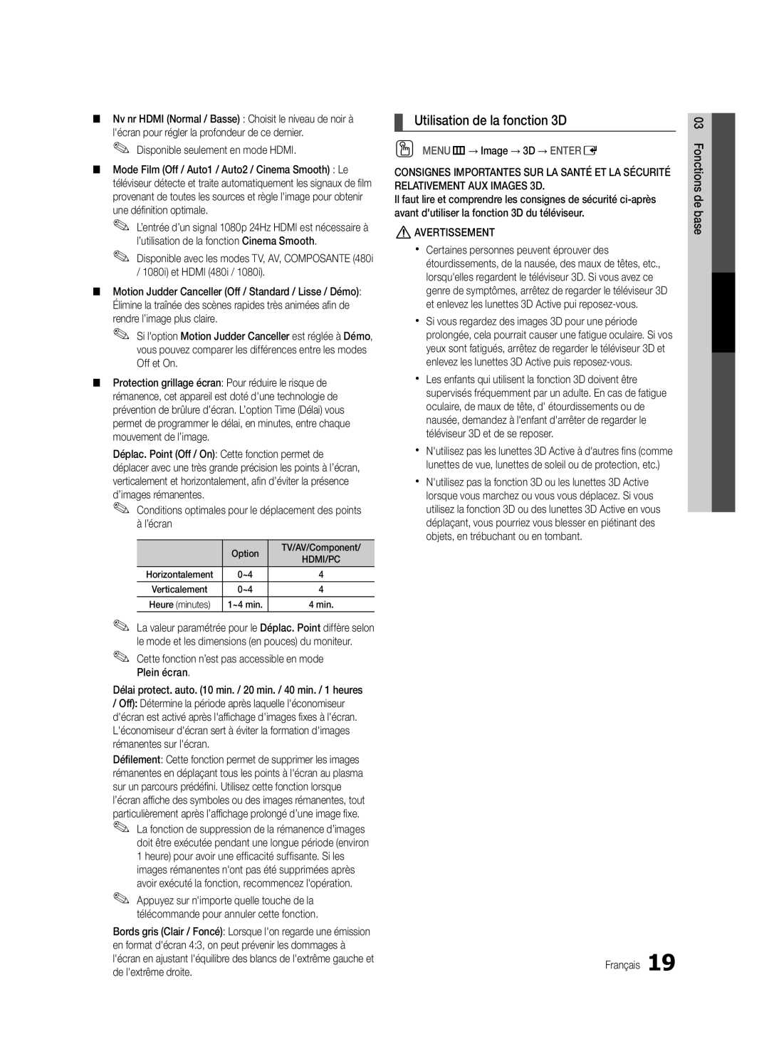 Samsung PN63C8000, BN68-02586A-04 Utilisation de la fonction 3D, Cette fonction n’est pas accessible en mode Plein écran 