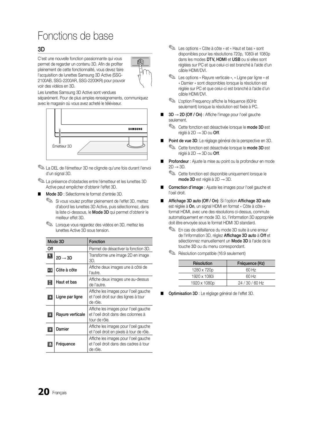 Samsung PN58C8000 Cest une nouvelle fonction passionnante qui vous, Mode 3D Sélectionne le format dentrée 3D, Côte à côte 