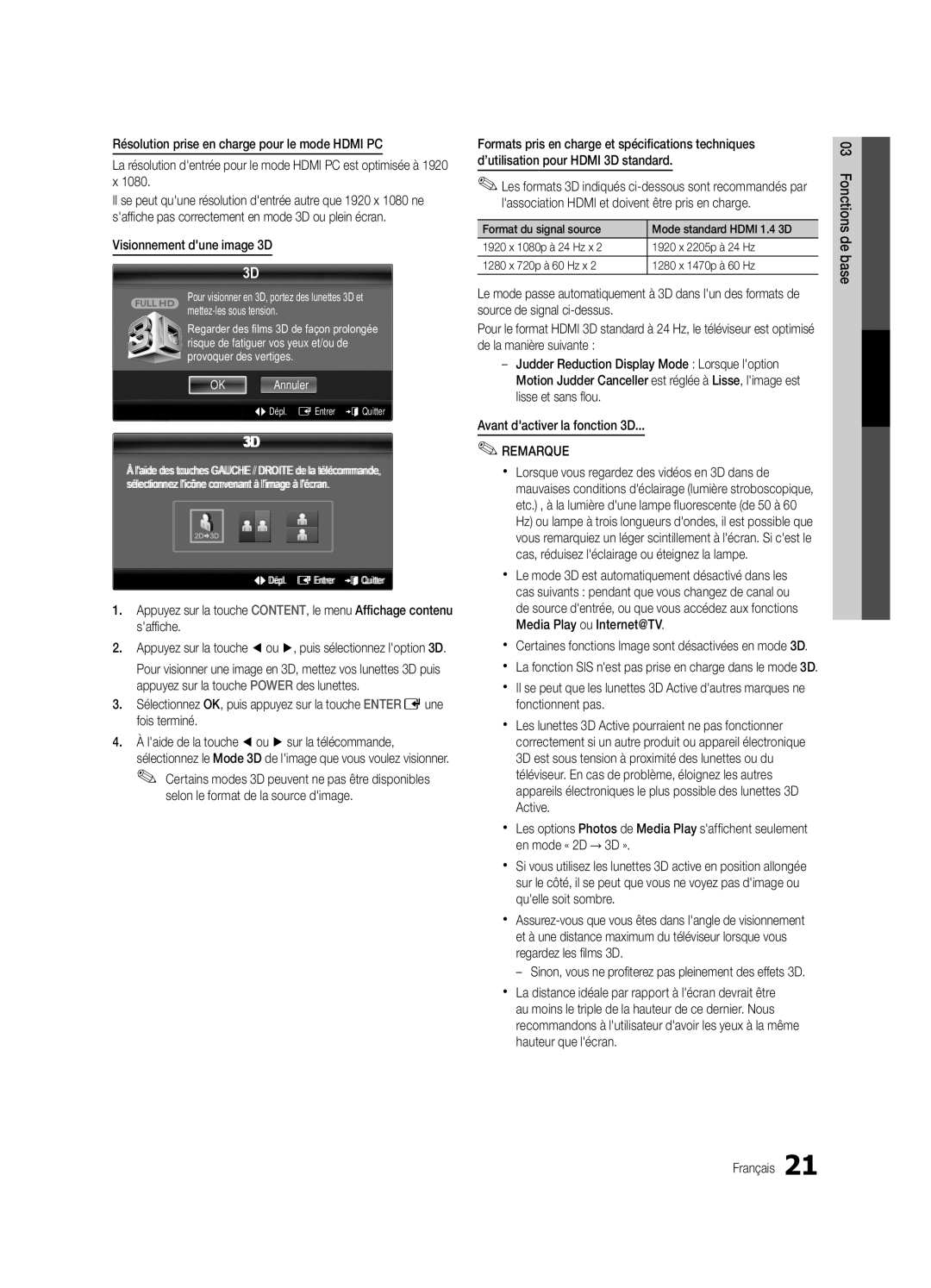 Samsung PN50C8000, BN68-02586A-04, PN63C8000, PN58C8000 Visionnement dune image 3D, Selon le format de la source dimage 