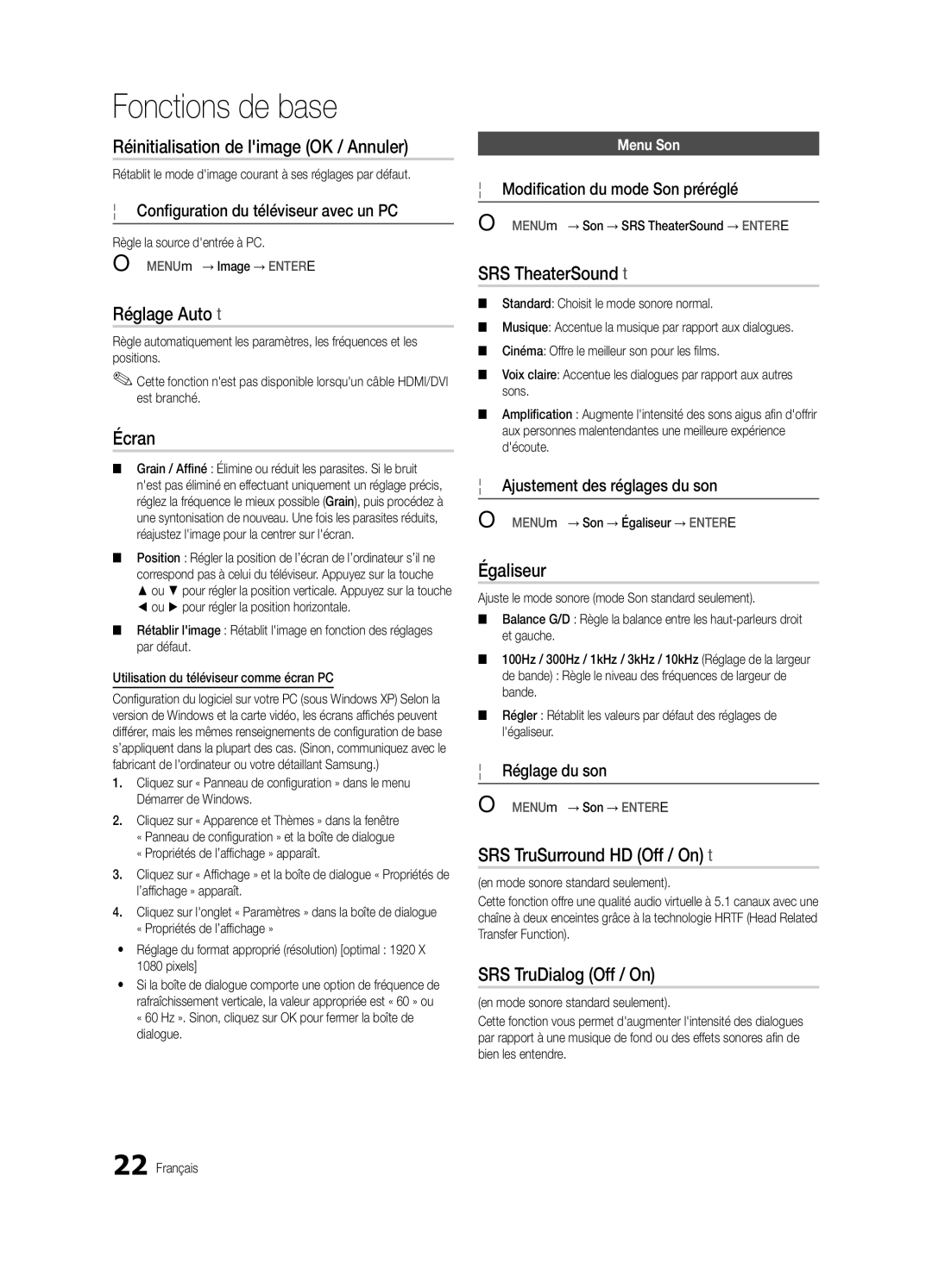 Samsung Series P8+, BN68-02586A-04, PN63C8000 Réinitialisation de limage OK / Annuler, Réglage Auto t, Écran, Égaliseur 