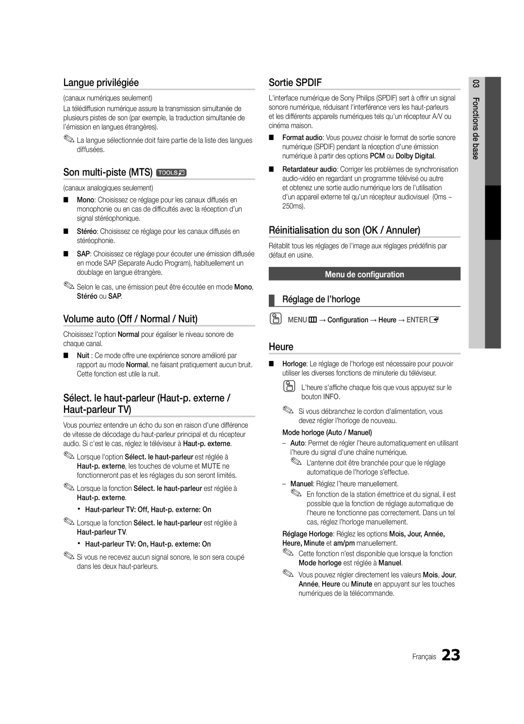 Samsung BN68-02586A-04 Langue privilégiée, Son multi-piste MTS t, Volume auto Off / Normal / Nuit, Sortie Spdif, Heure 