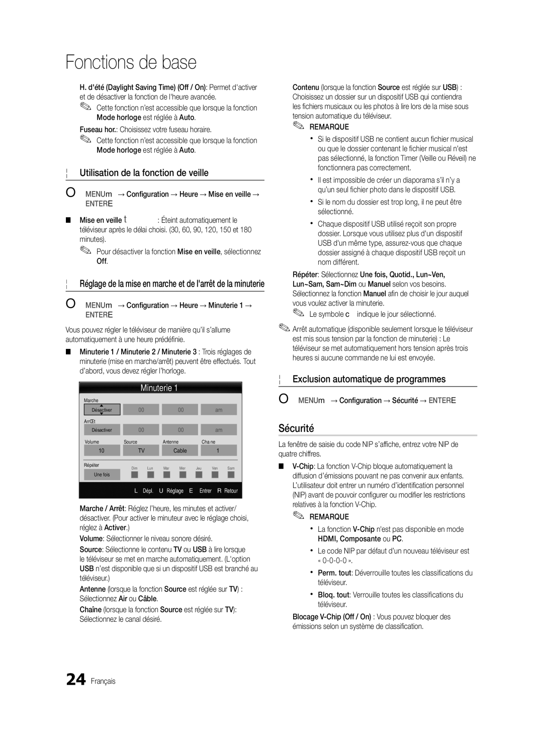 Samsung PN63C8000 Sécurité, Utilisation de la fonction de veille, Exclusion automatique de programmes, Minuterie 