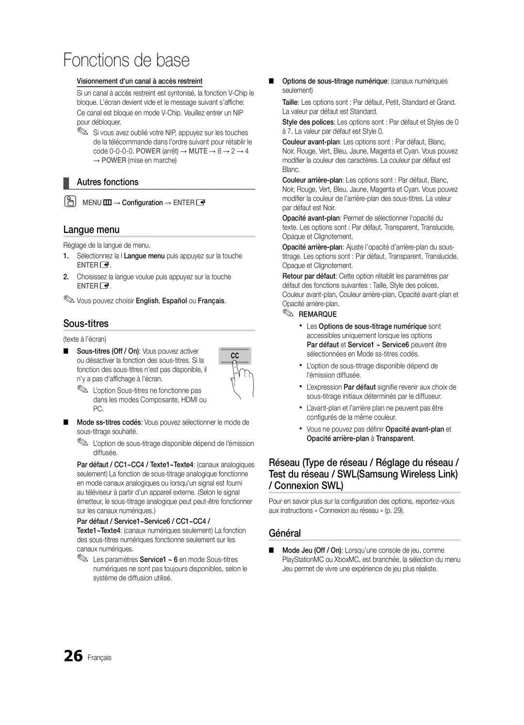 Samsung PN50C8000, BN68-02586A-04, PN63C8000, PN58C8000, Series P8+ user manual Langue menu, Sous-titres, Général 